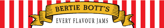 A "Bertie Bott's Every Flavour Jams" sweets label with red and white stripes and the text on a yellow scroll.