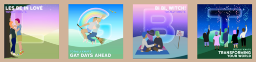 Snapshot of the Totally Knuts Bandcamp page showing the albums Les Be In Love, Gay Days Ahead, Bi Bi Witch and Transforming Your World. The cover art spells LGBT.